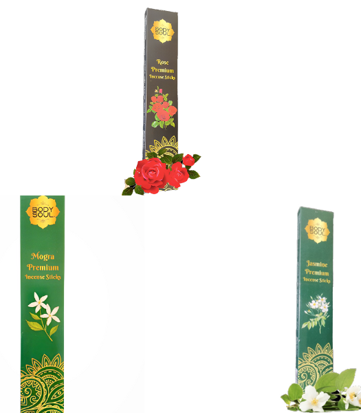 Bodysoul Premium Incense Sticks- Rose, Jasmine, Mogra| Agarbatti For Puja| Aromatherapy Meditation Air Freshener| 100% Natural & Charcoal Free